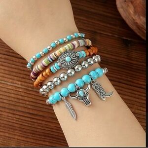 Turquoise Beaded Multi-Strand Charm Bracelet Set